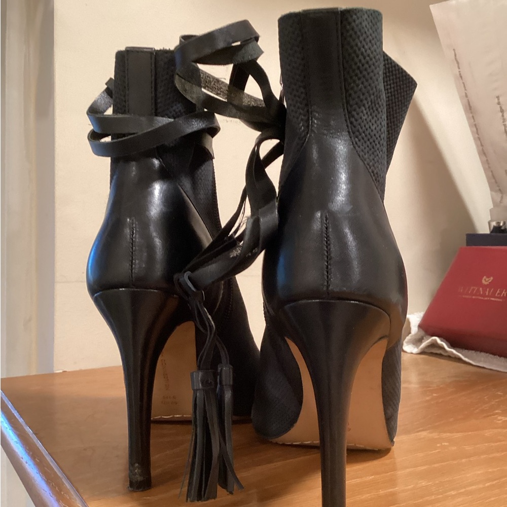 French Connection Quinby Black Leather Peep-Toe Heeled Boots - Picture 4 of 7